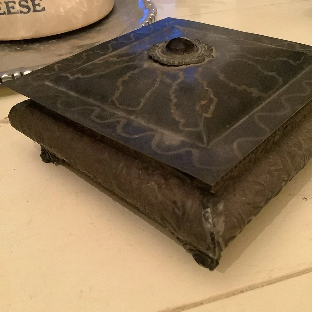 Vintage Antique Square Metal Decorated Jewelry Trinket Box
